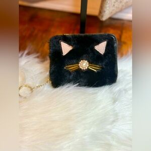 NWOT KATE SPADE Black Cat Furry Wallet Keyring
